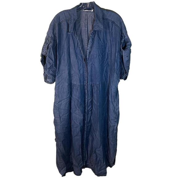 Chicos Maxi Dress Sz 4 US XXL Blue Chambray Button Front Collared Tencel Denim - Picture 1 of 14